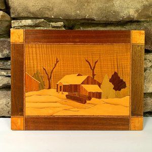 VTG Wood Marquetry Cabin Snow Winter Handcrafted Landscape Logs Forest Wall Art